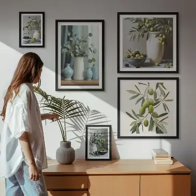 Wandbilder-Set mit grünen Olivenblüten im skandinavischen Stil