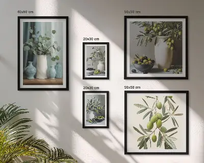 Wandbilder-Set mit grünen Olivenblüten im skandinavischen Stil