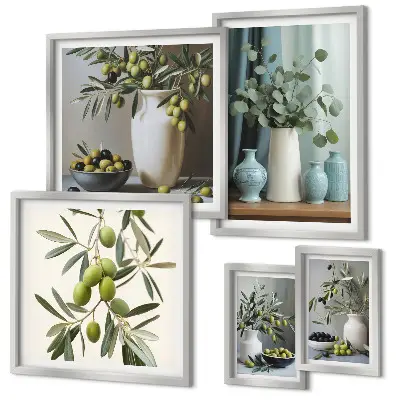 Wandbilder-Set mit grünen Olivenblüten im skandinavischen Stil