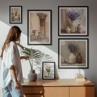 Modernes wandbilder-set Stilvolles Interieur mit Fahrrad und Blumen