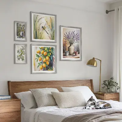 Bilderset für das Sofa in rustikalem Blumen, Zitronen und Oliven Design