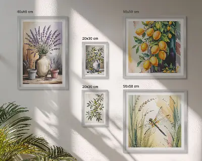 Bilderset für das Sofa in rustikalem Blumen, Zitronen und Oliven Design