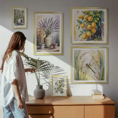 Bilderset für das Sofa in rustikalem Blumen, Zitronen und Oliven Design
