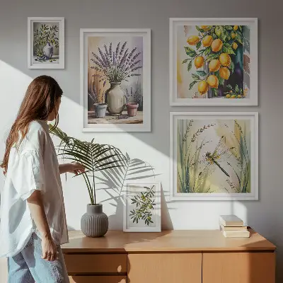 Bilderset für das Sofa in rustikalem Blumen, Zitronen und Oliven Design