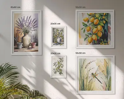 Bilderset für das Sofa in rustikalem Blumen, Zitronen und Oliven Design
