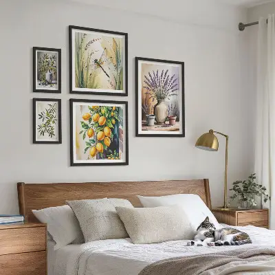 Bilderset für das Sofa in rustikalem Blumen, Zitronen und Oliven Design