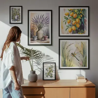 Bilderset für das Sofa in rustikalem Blumen, Zitronen und Oliven Design