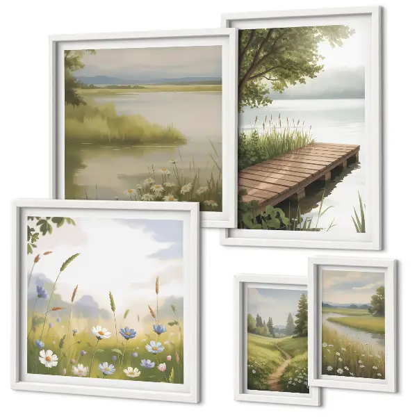 Bildergalerie-Set für die Wand mit friedlichen Landschaften und einer Wiesenbrücke