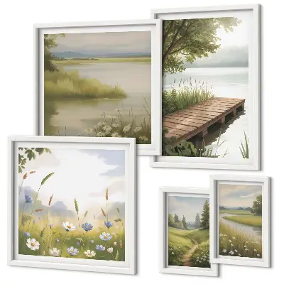 Bildergalerie-Set für die Wand mit friedlichen Landschaften und einer Wiesenbrücke