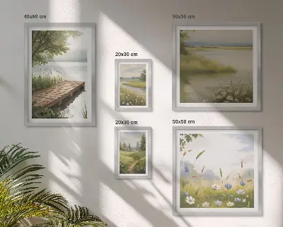 Bildergalerie-Set für die Wand mit friedlichen Landschaften und einer Wiesenbrücke
