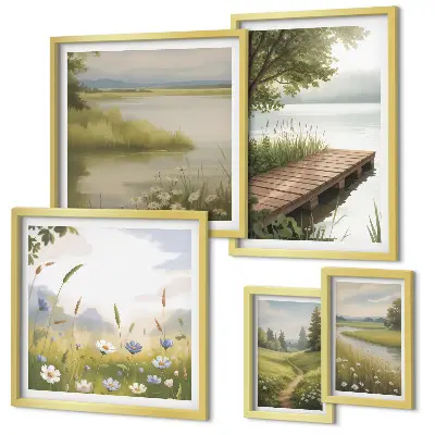 Bildergalerie-Set für die Wand mit friedlichen Landschaften und einer Wiesenbrücke
