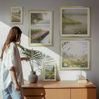 Bildergalerie-Set für die Wand mit friedlichen Landschaften und einer Wiesenbrücke