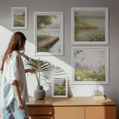 Bildergalerie-Set für die Wand mit friedlichen Landschaften und einer Wiesenbrücke