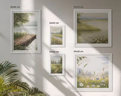 Bildergalerie-Set für die Wand mit friedlichen Landschaften und einer Wiesenbrücke