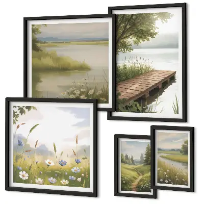 Bildergalerie-Set für die Wand mit friedlichen Landschaften und einer Wiesenbrücke