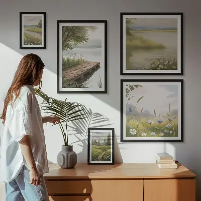 Bildergalerie-Set für die Wand mit friedlichen Landschaften und einer Wiesenbrücke