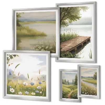 Bildergalerie-Set für die Wand mit friedlichen Landschaften und einer Wiesenbrücke