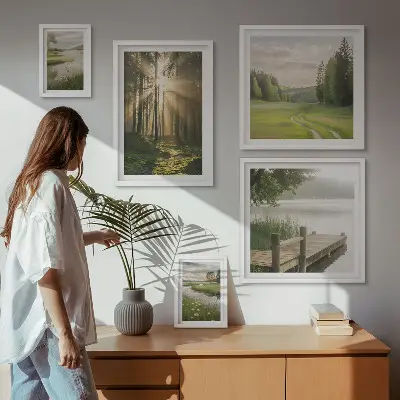 Modernes Wandbilder-Set Waldlandschaften mit Sonne und Wasser