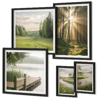 Modernes Wandbilder-Set Waldlandschaften mit Sonne und Wasser