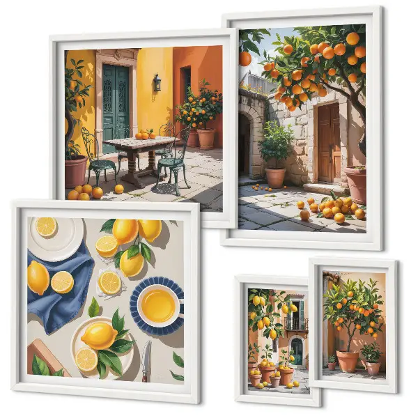 Modernes Wandbilder-Set mit Zitrusfrüchten in Gärten