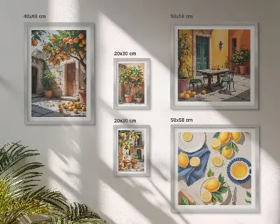 Modernes Wandbilder-Set mit Zitrusfrüchten in Gärten