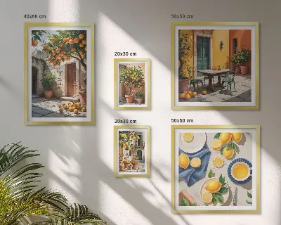 Modernes Wandbilder-Set mit Zitrusfrüchten in Gärten