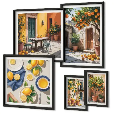 Modernes Wandbilder-Set mit Zitrusfrüchten in Gärten