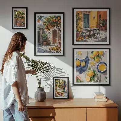 Modernes Wandbilder-Set mit Zitrusfrüchten in Gärten