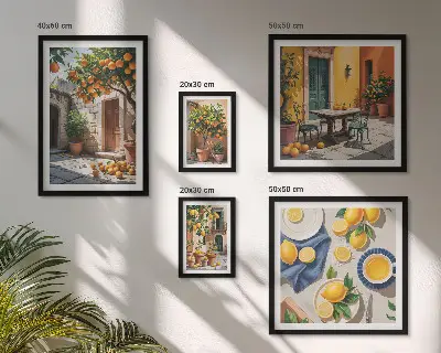Modernes Wandbilder-Set mit Zitrusfrüchten in Gärten