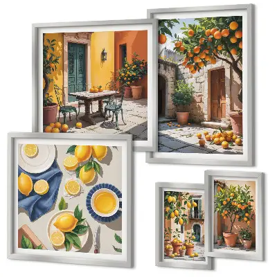 Modernes Wandbilder-Set mit Zitrusfrüchten in Gärten