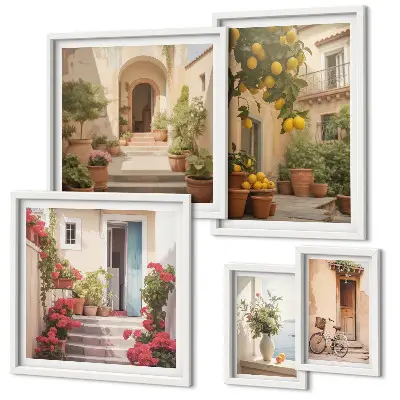 Modernes Wandbilder-Set mit Motiven von Straßen, Blumen und Zitrusfrüchten aus der Provence