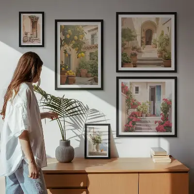 Modernes Wandbilder-Set mit Motiven von Straßen, Blumen und Zitrusfrüchten aus der Provence