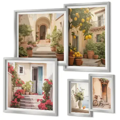 Modernes Wandbilder-Set mit Motiven von Straßen, Blumen und Zitrusfrüchten aus der Provence