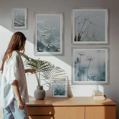 Modernes Wandbilderset mit Pflanzenmotiven und Wassertropfen