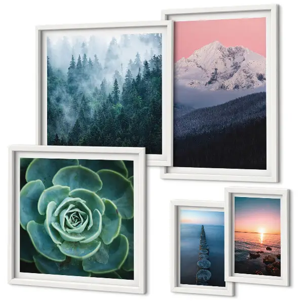 Modernes Wandbilder-Set mit Landschaften von Bergen und Meer im Boho-Stil