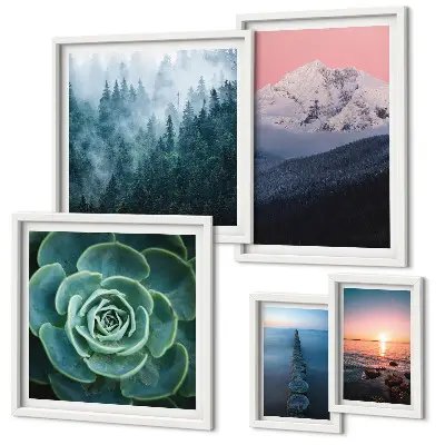 Modernes Wandbilder-Set mit Landschaften von Bergen und Meer im Boho-Stil