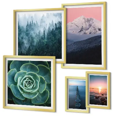 Modernes Wandbilder-Set mit Landschaften von Bergen und Meer im Boho-Stil