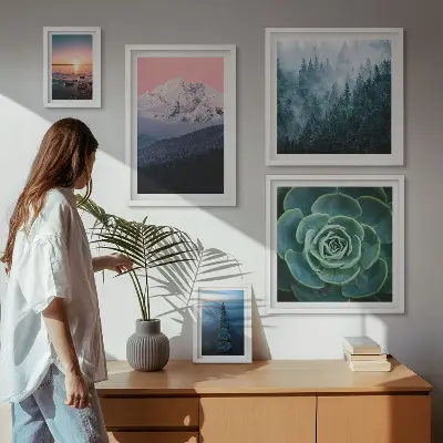Modernes Wandbilder-Set mit Landschaften von Bergen und Meer im Boho-Stil