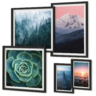 Modernes Wandbilder-Set mit Landschaften von Bergen und Meer im Boho-Stil
