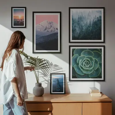 Modernes Wandbilder-Set mit Landschaften von Bergen und Meer im Boho-Stil