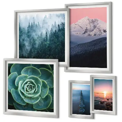 Modernes Wandbilder-Set mit Landschaften von Bergen und Meer im Boho-Stil