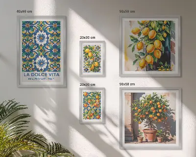 Modernes Wandbilder-Set mit italienischen Zitrusmotiven im Amalfi-Stil