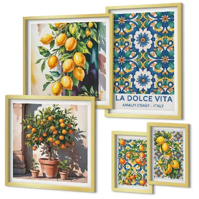 Modernes Wandbilder-Set mit italienischen Zitrusmotiven im Amalfi-Stil