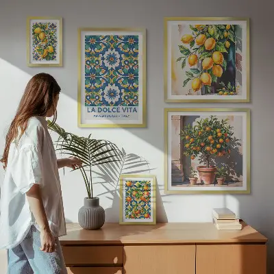 Modernes Wandbilder-Set mit italienischen Zitrusmotiven im Amalfi-Stil