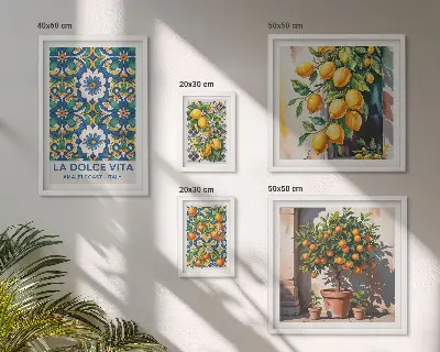 Modernes Wandbilder-Set mit italienischen Zitrusmotiven im Amalfi-Stil