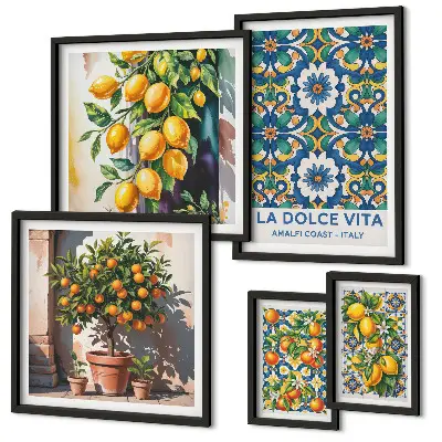 Modernes Wandbilder-Set mit italienischen Zitrusmotiven im Amalfi-Stil