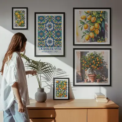Modernes Wandbilder-Set mit italienischen Zitrusmotiven im Amalfi-Stil