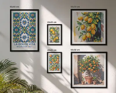Modernes Wandbilder-Set mit italienischen Zitrusmotiven im Amalfi-Stil