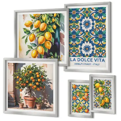 Modernes Wandbilder-Set mit italienischen Zitrusmotiven im Amalfi-Stil