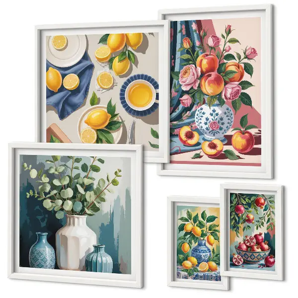Modernes Wandbilder-Set mit Blumen- und Frucht-Kompositionen